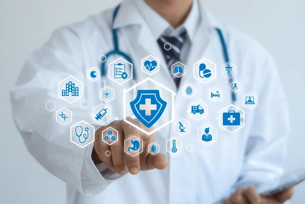 A doctor in a white coat and stethoscope touching a virtual health icon interface with various medical symbols and icons.