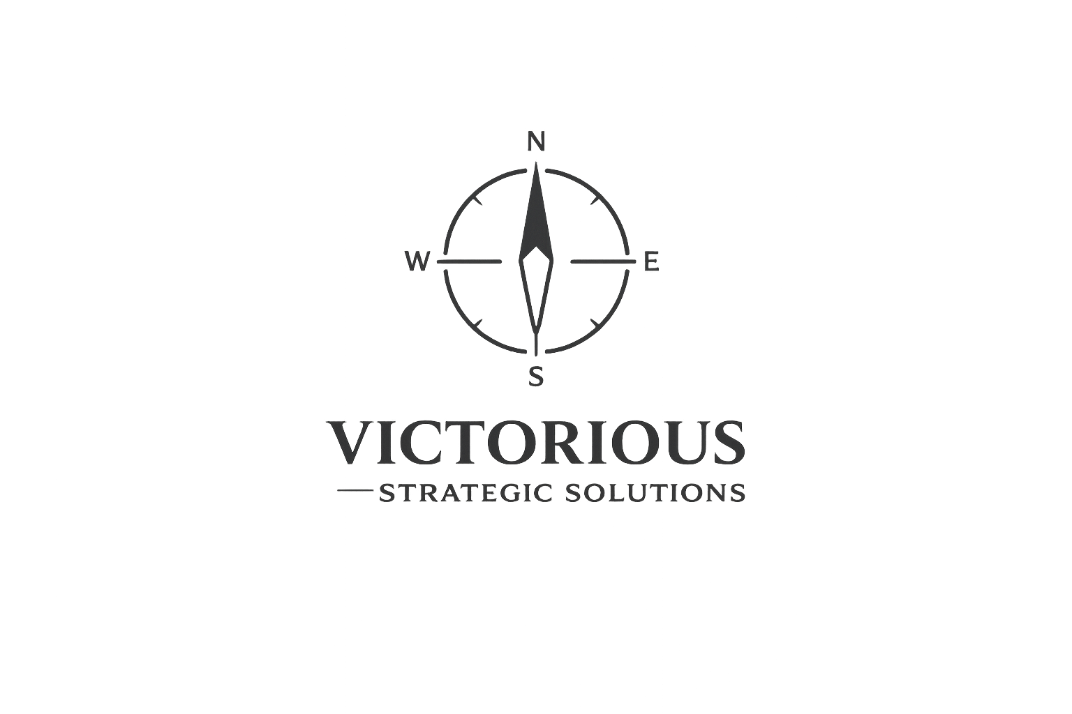 Logo for Victorious Strategic Solutions featuring a compass with a black and gray color scheme and the company's name below.