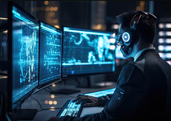 Person wearing headphones working at multiple computer monitors with data charts and graphs in a dark, modern office setting.