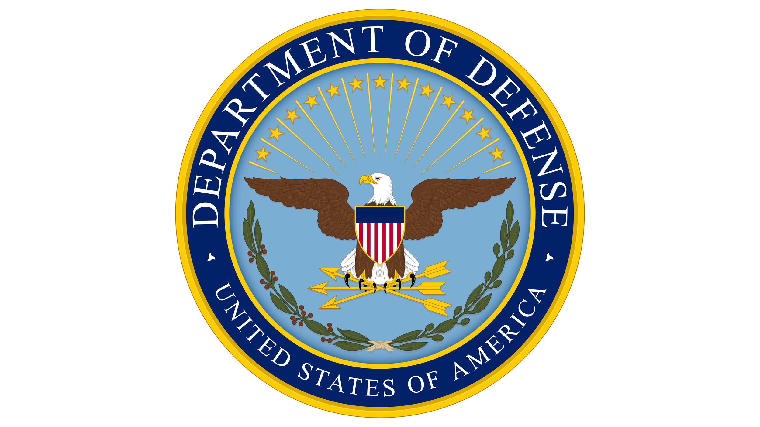 The official seal of the Department of Defense of the United States of America, featuring a bald eagle with outstretched wings holding a shield with red and white stripes. The eagle is feathered white and brown, with a yellow beak and talons. Surrounding the eagle is a blue ring with gold stars and the inscription "Department of Defense" at the top and "United States of America" at the bottom, with a gold border.