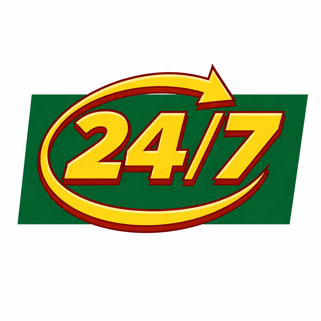 A logo with yellow text '24/7' inside a continuous yellow arrow on a green background, indicating 24-hour, 7-day availability.