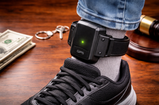 A person's ankle with a GPS tracker attached, worn with black sneakers and gray socks, on a wooden surface with cash, a key chain, and a watch nearby.