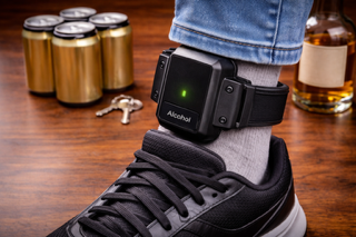 A person wearing an alcohol monitoring device on their ankle.