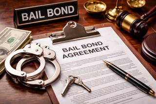 Bail bond paperwork on a clipboard with a pen, handcuffs, gavel, judge's gavel, and a sign that says 'Bail Bond' on a wooden surface.