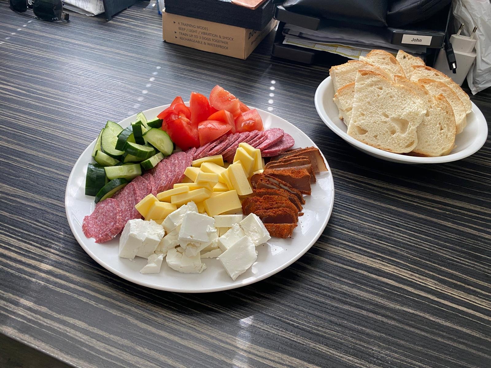 Lovely fresh garden vegetables, personally hang dried and cured meats, local cheese, and fresh bread from Ljuboslava (Frank's girlfriend)