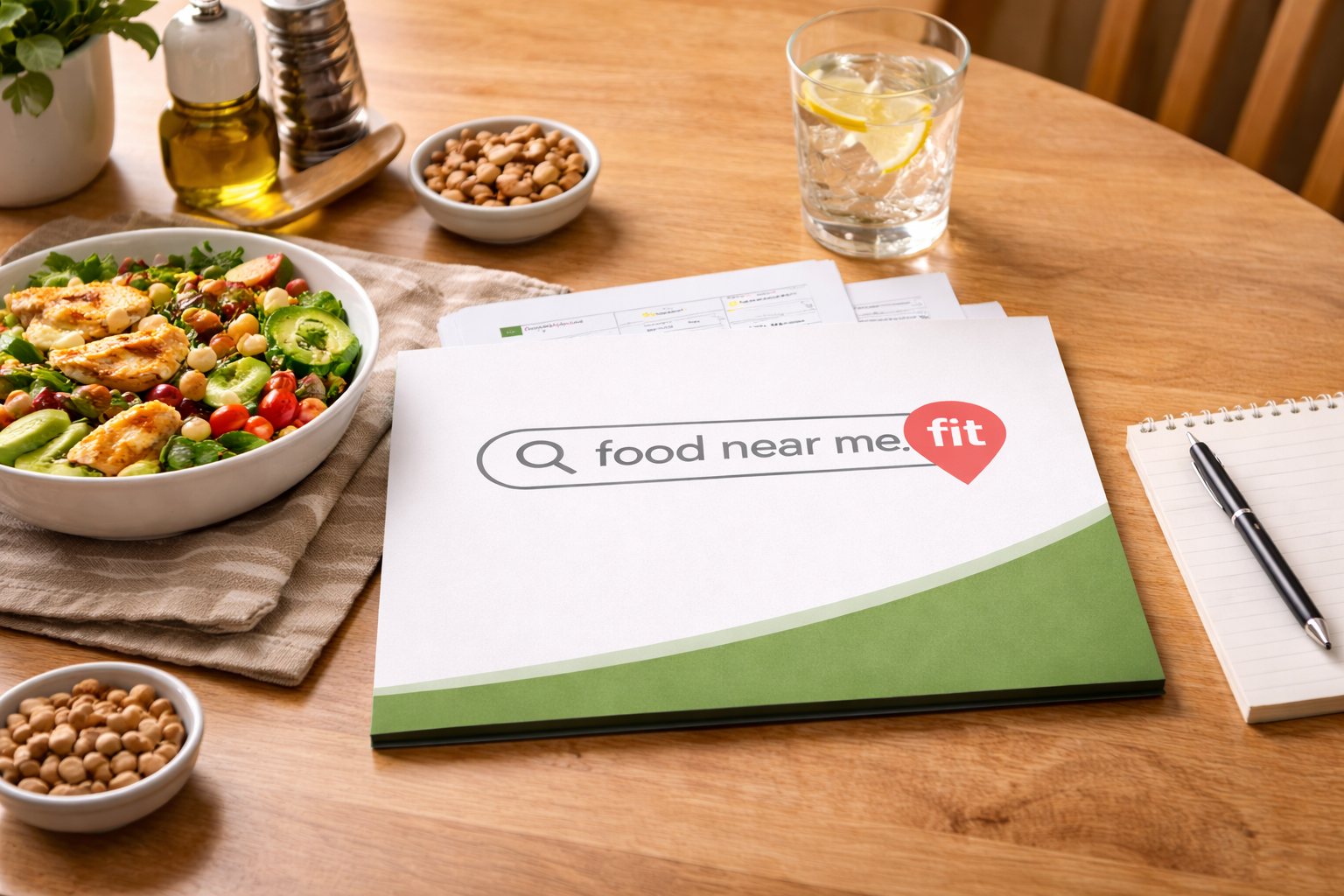 A healthy salad meal on a wooden table next to a FoodNearMe.fit branded folder and notebook.