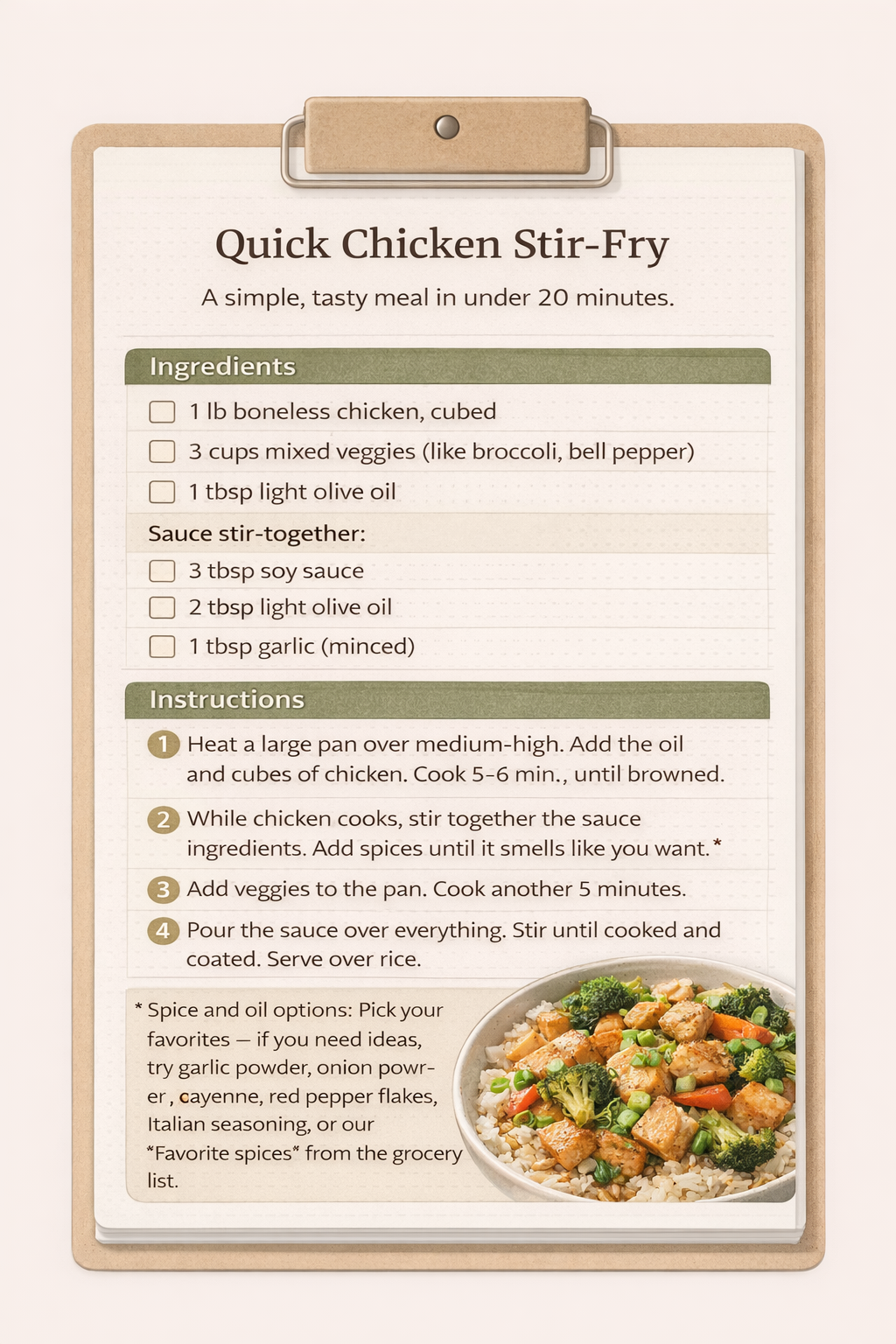 Recipe card for Quick Chicken Stir-Fry with ingredients and instructions, featuring a photo of a stir-fry served over rice.