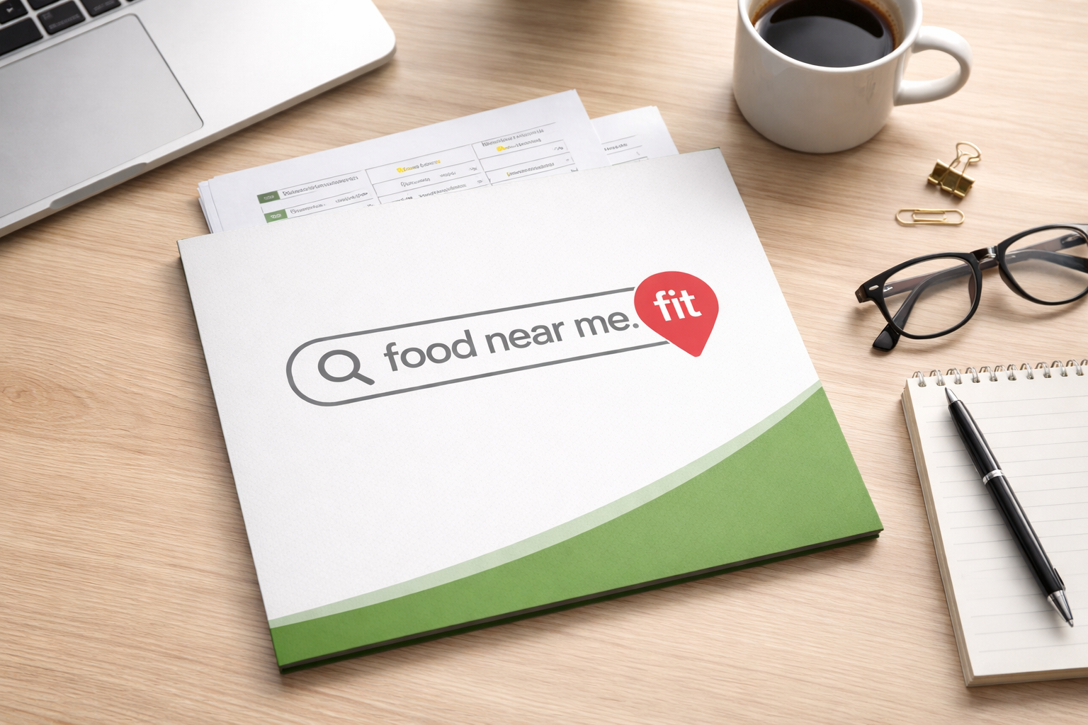 Workspace with a smartphone, coffee, and a FoodNearMe.fit personalized meal planning folder.