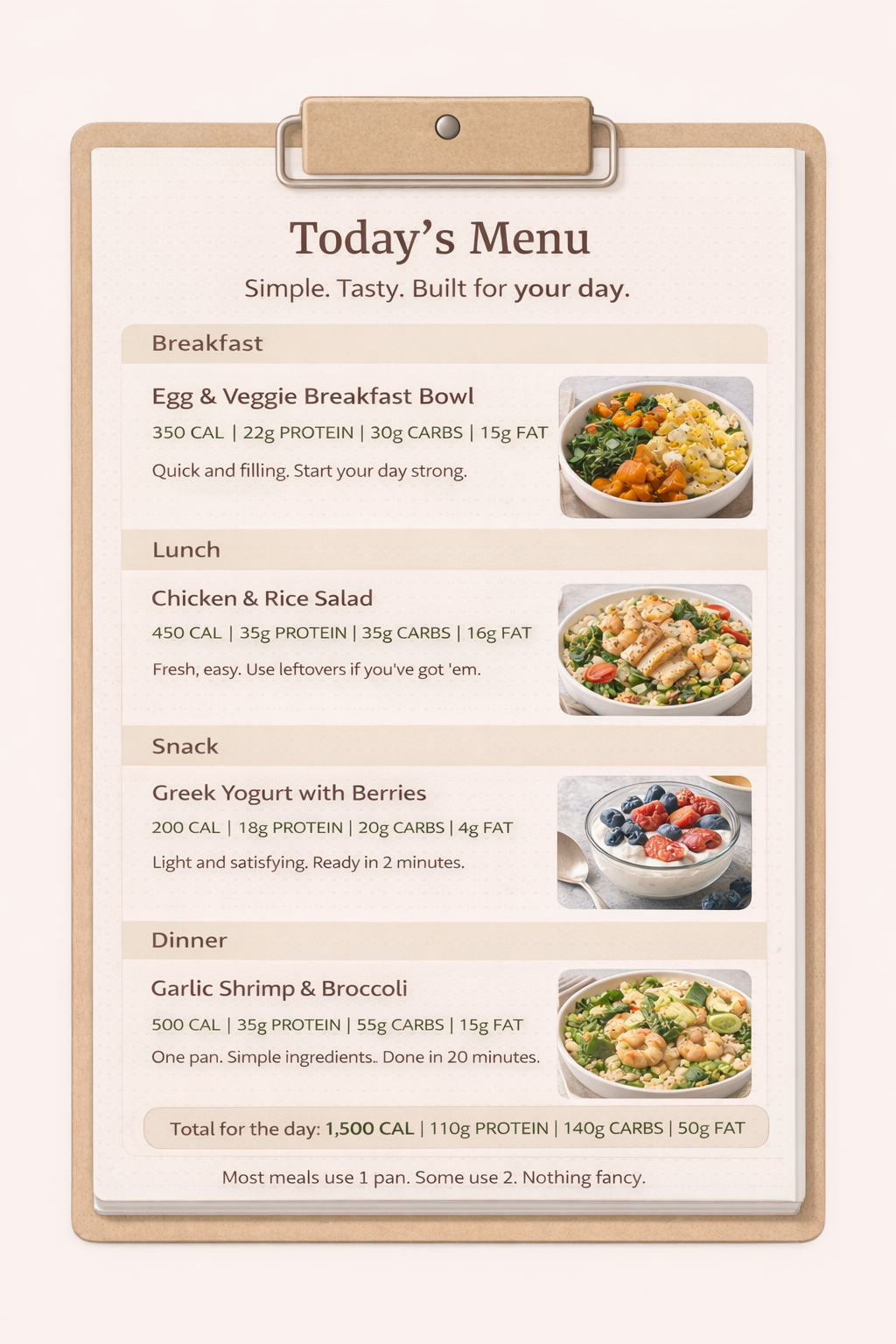 Menu on a clipboard listing meals for the day with pictures of each dish: an egg and veggie breakfast bowl, chicken and rice salad, Greek yogurt with berries, and garlic shrimp with broccoli.