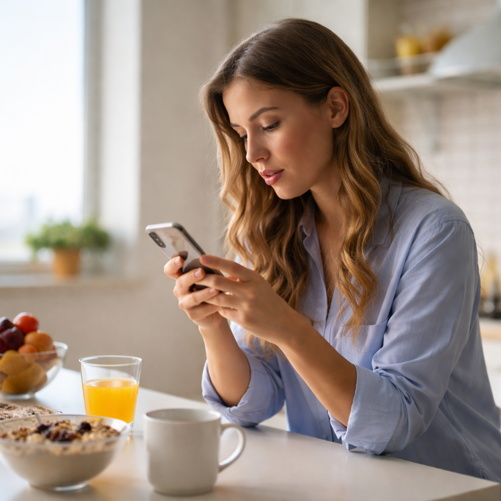 Woman in a light blue shirt sitting at a kitchen table, looking at her phone. On the table are a bowl of cereal, a glass of orange juice, a coffee mug, and a bowl of fruit.