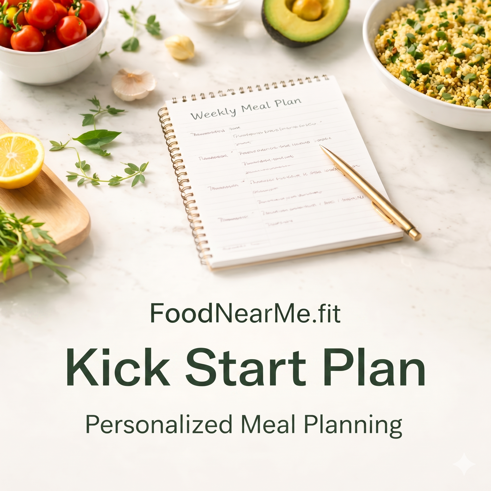 FoodNearMe.fit Kick Start Plan. A 7-day personalized meal plan for medical weight loss journeys, displayed with healthy ingredients like avocado, tomatoes, and quinoa.