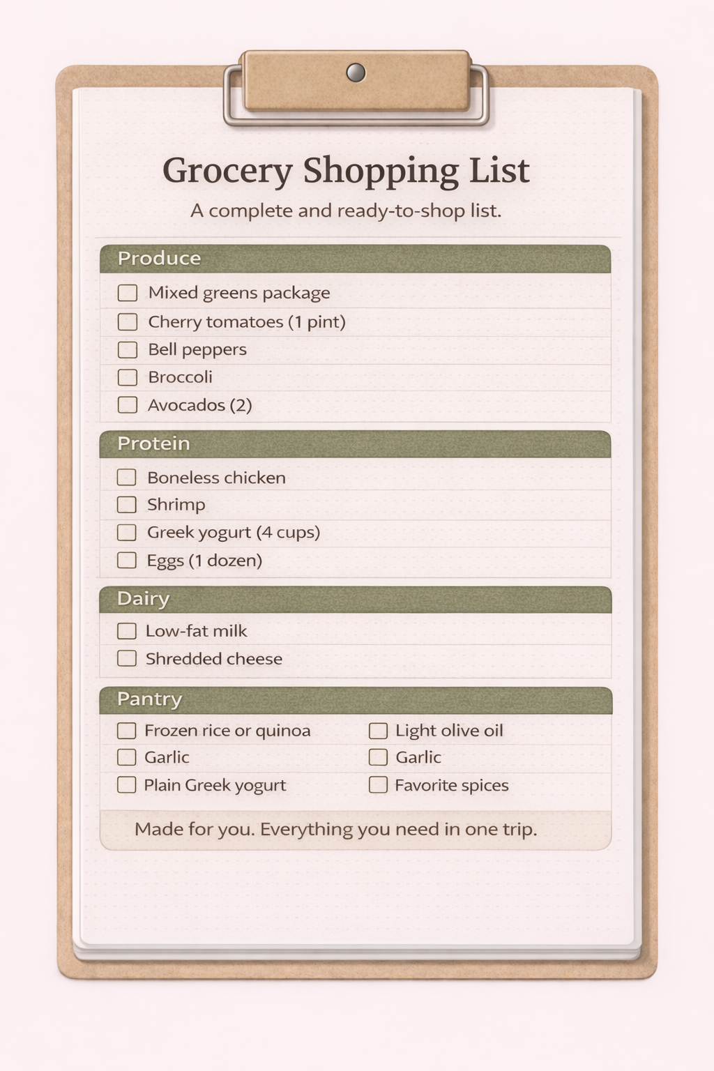 Grocery shopping list on a clipboard with sections for produce, protein, dairy, and pantry, each with checkboxes.