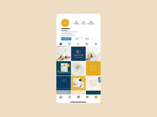 Capture d'écran d'un profil Instagram avec des publications, des statistiques et des images de décoration et de fleurs.