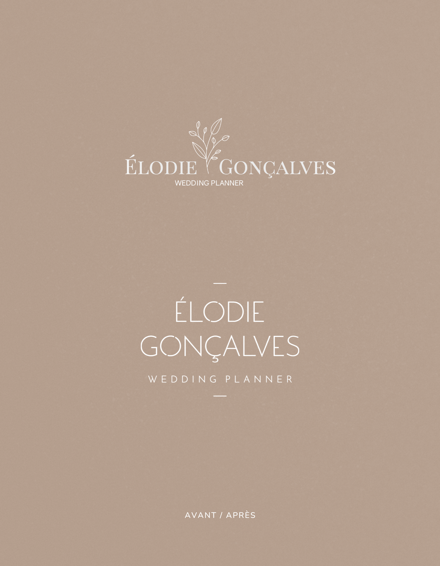 Page de couverture d'un planificateur de mariage avec le nom 'Élodie Gonçalves' et le titre 'Wedding Planner', avec une illustration de branche de feuilles, et la mention 'Avant / Après'.