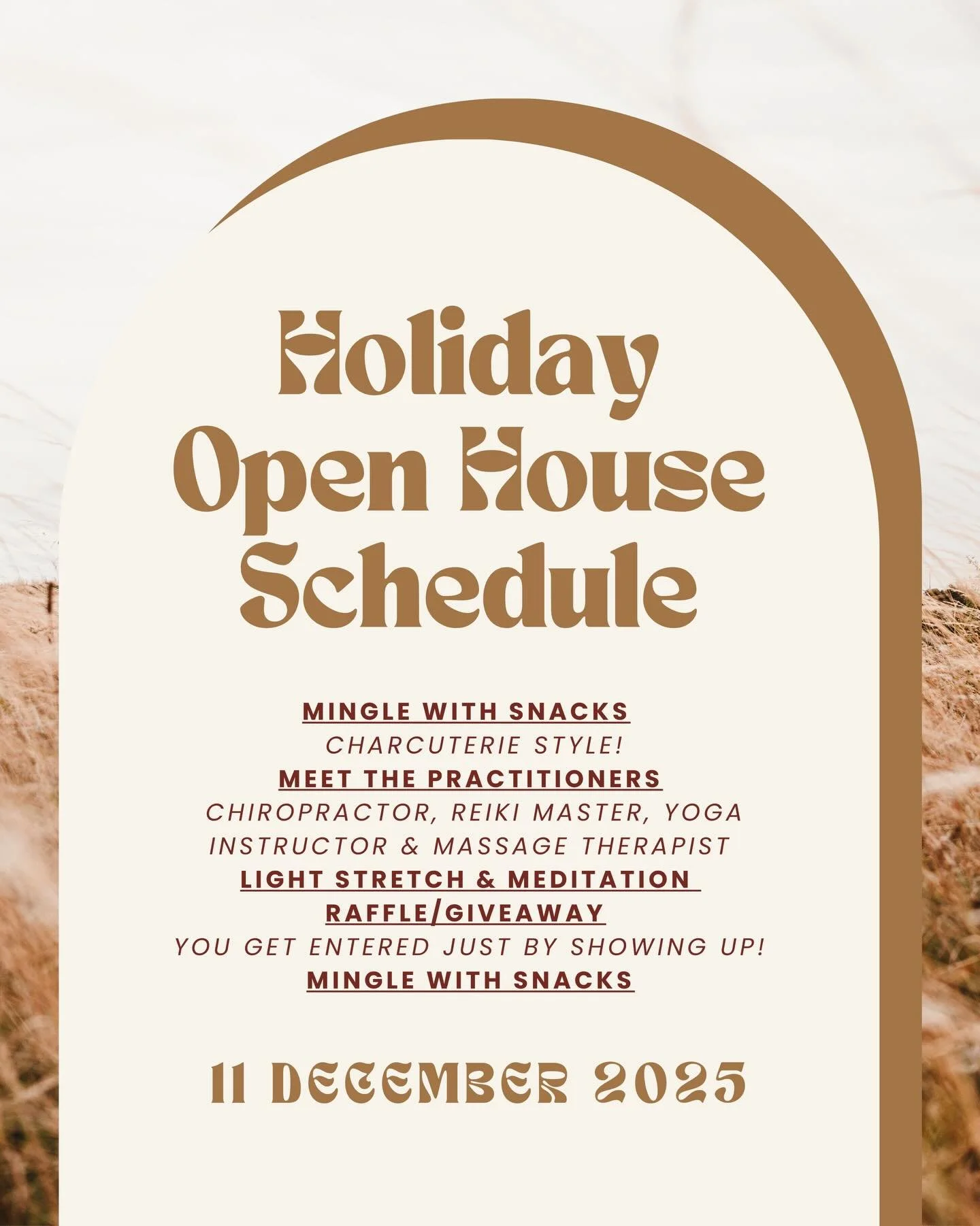 An evening of intentional rest and refreshing energy awaits. ✨

Join us for our Holiday Open House &mdash; guided stretch, meditation, nourishing treats, and more.

Check out the schedule and come hangout with us! 🤍