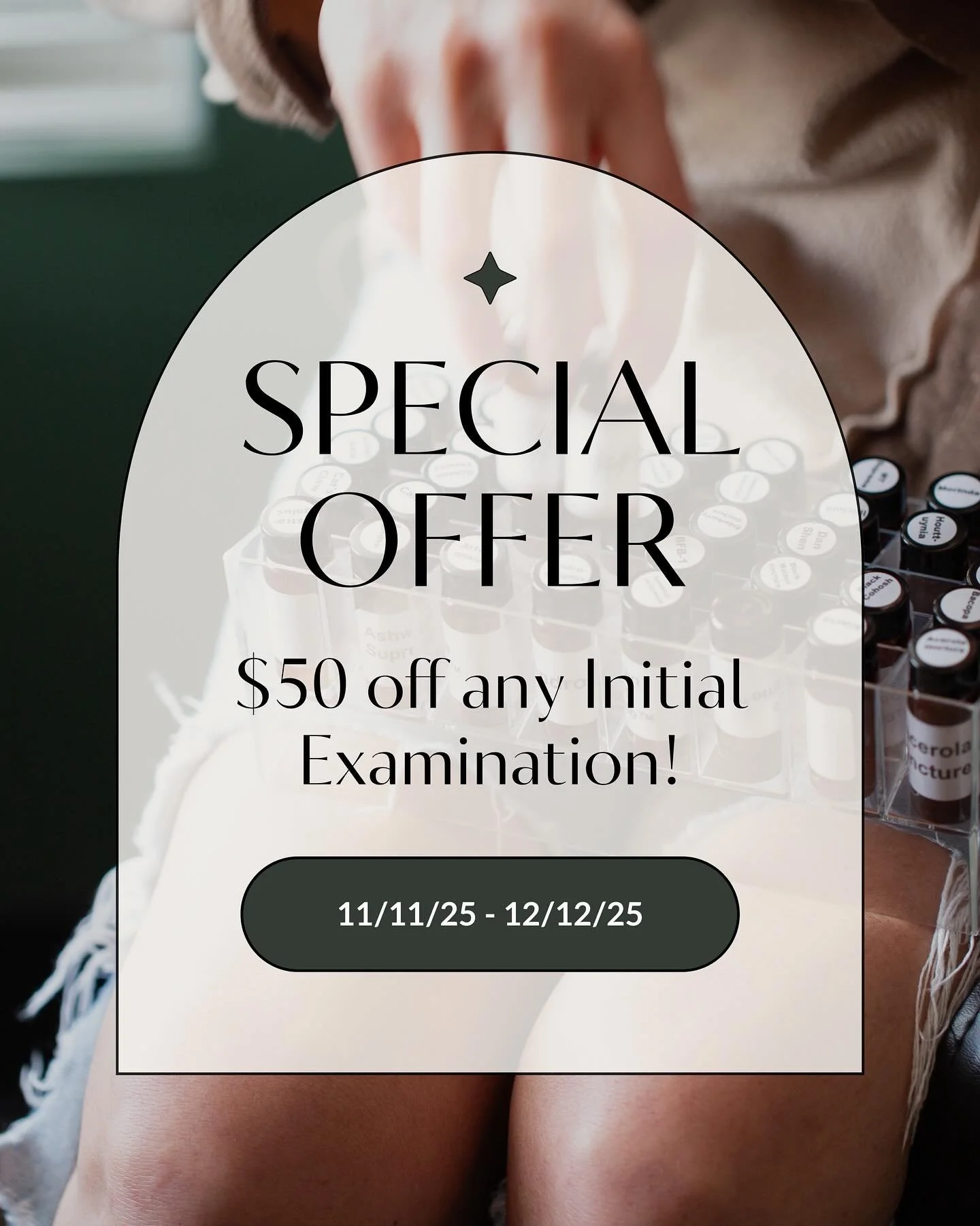 Holiday savings are here! 🤍

From 11/11&ndash;12/12, enjoy $50 off any initial examination when you book and attend your appointment during these dates. ✨

Start feeling your best this season. Spots fill fast&mdash;your body will thank you! 🌿