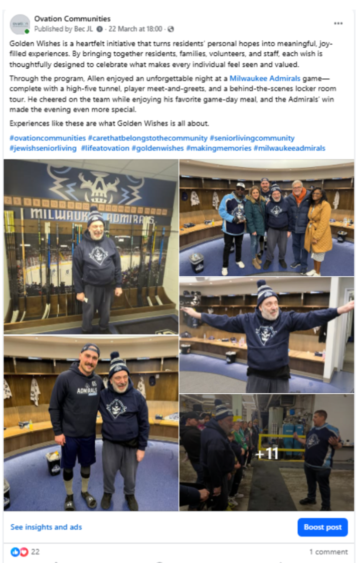 Resident attending an Admirals game as part of our Golden Wishes program