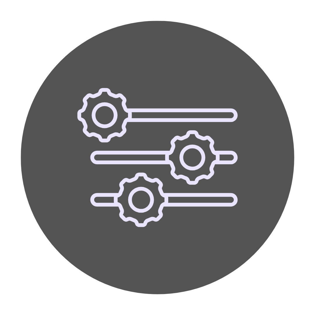 Outline of three gears with sliders, representing settings or adjustments, on a dark background.