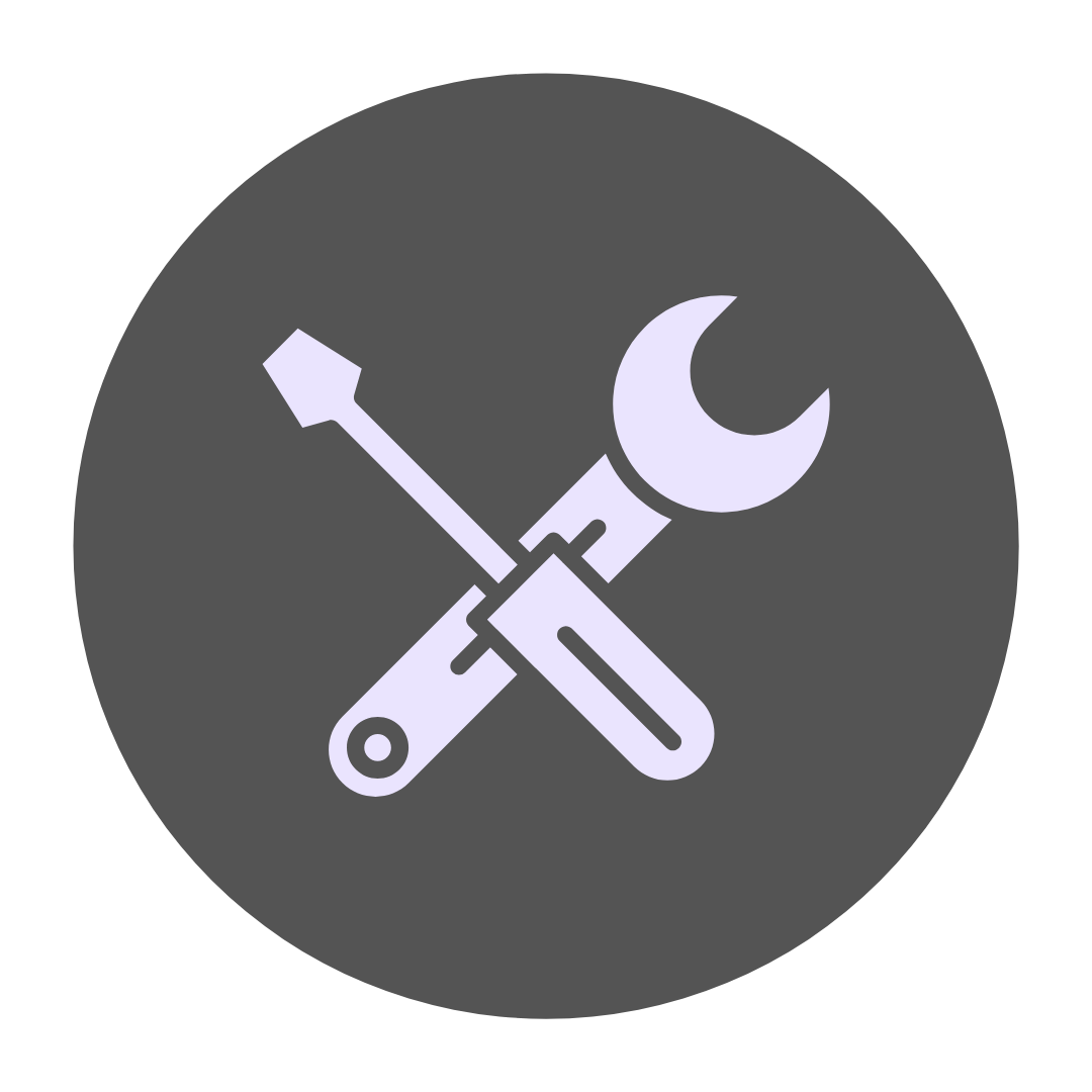 Tools icon featuring a wrench and screwdriver crossed over each other on a dark gray circular background