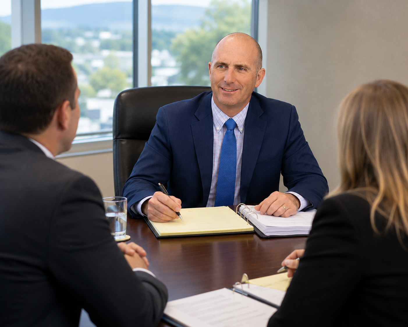 A man in a blue suit having a business meeting with two colleagues in an office with large windows.