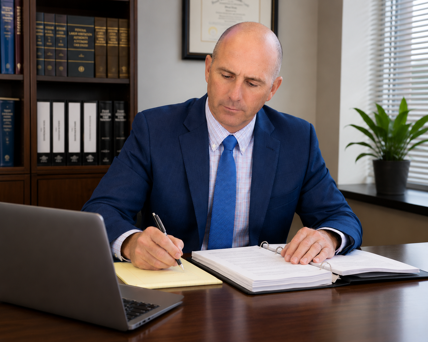 A businessman in a blue suit and tie sitting at a desk, looking at paperwork and taking notes with a pen, in an office with bookshelf, a potted plant, and a framed certificate on the wall.