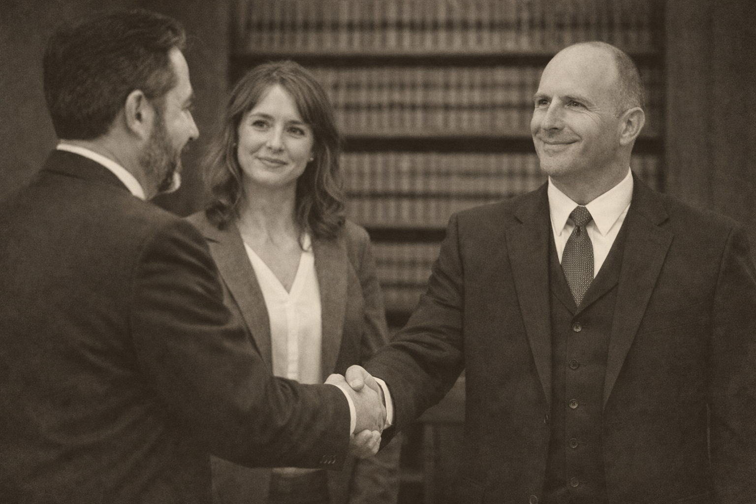 A sepia-toned photo of three business professionals in a office, two men shaking hands and a woman observing, with bookshelves in the background.
