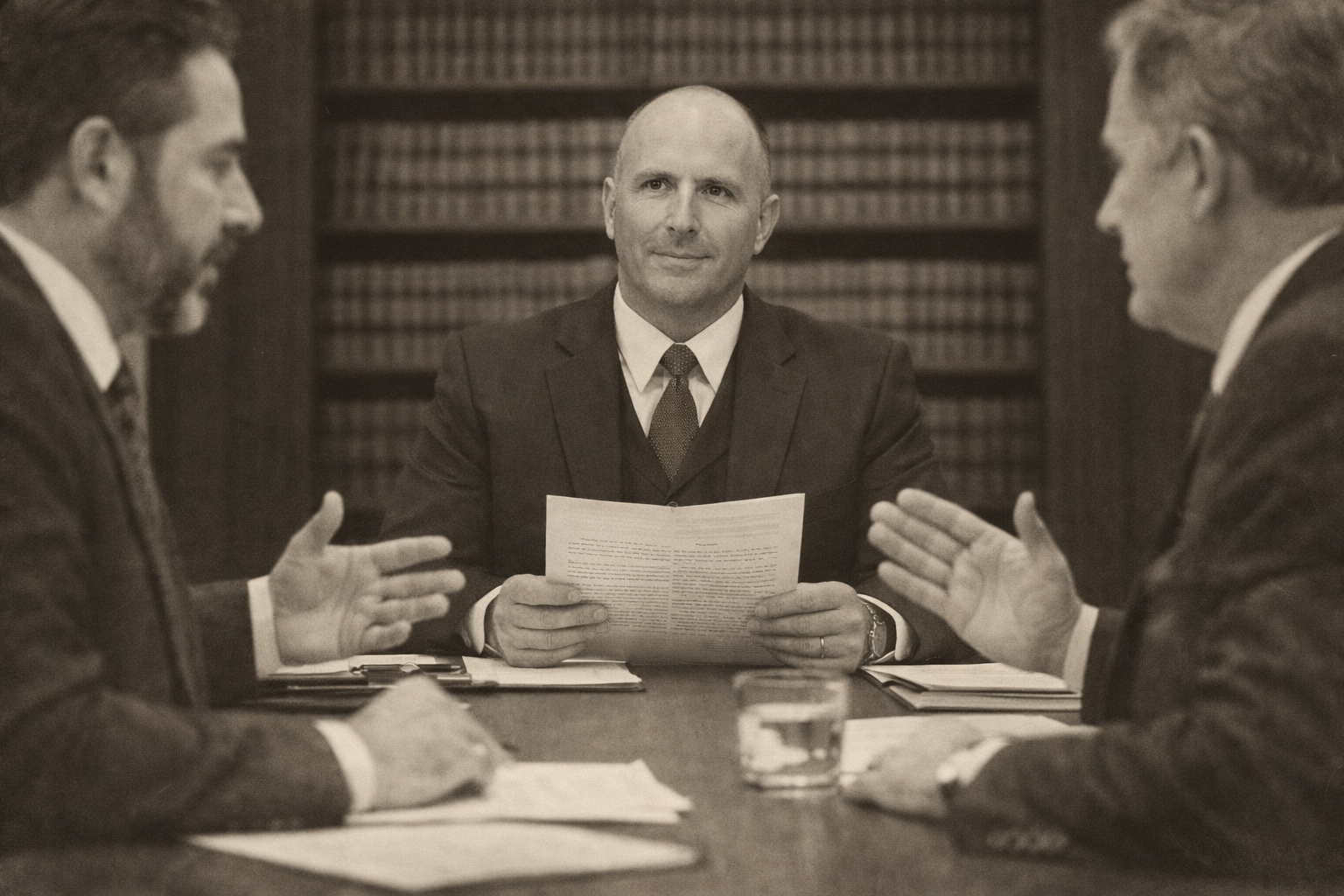 Three men in suits engaged in a discussion at a conference table, with bookshelves in the background, in a sepia-toned photograph.