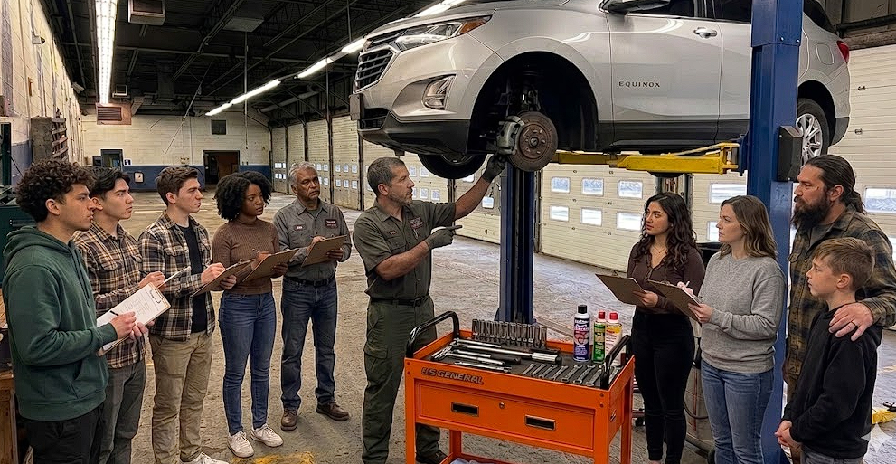 Group of students and instructors in an automotive workshop, with a car on a hydraulic lift.