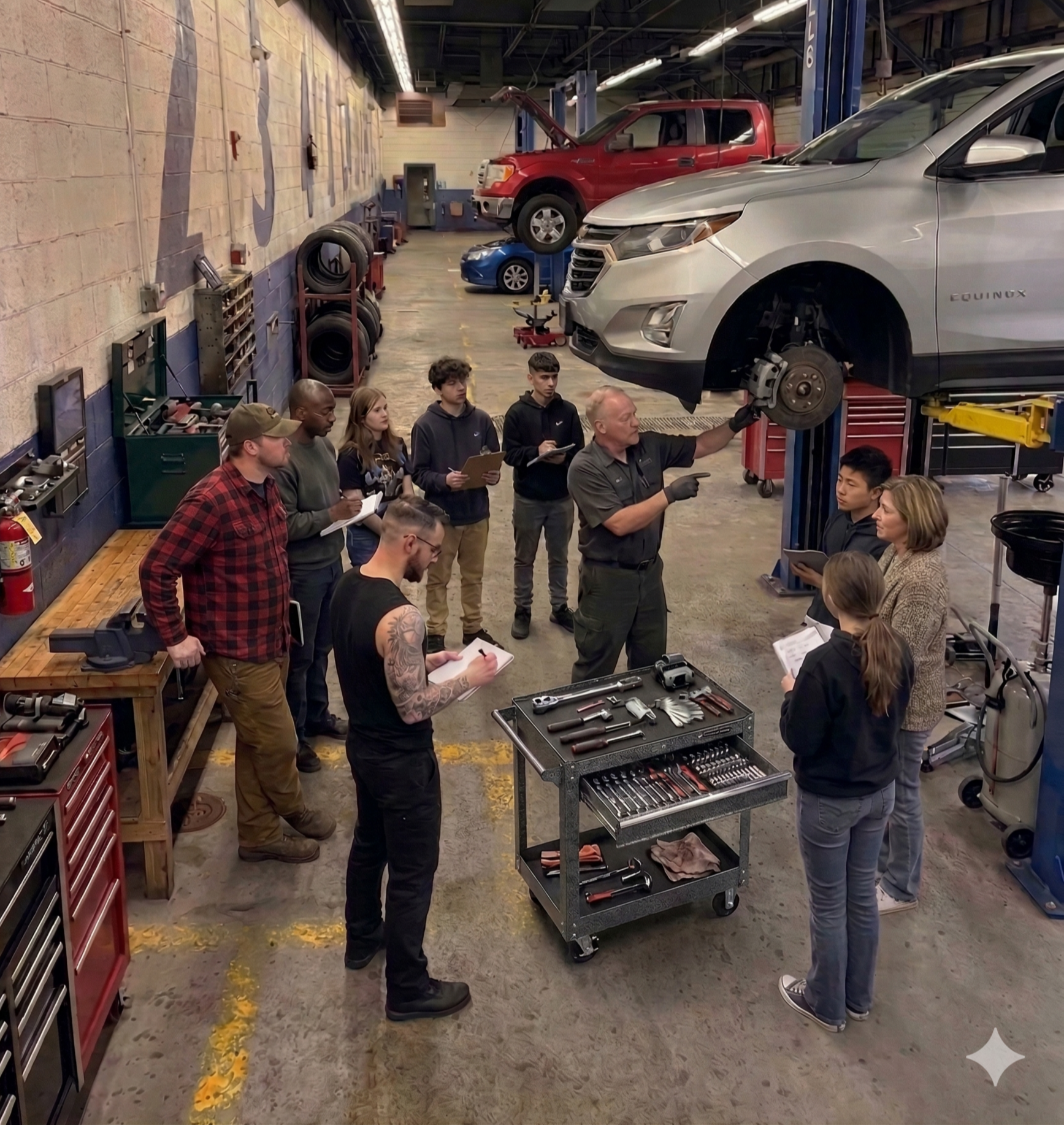 Auto mechanics training class in a workshop, with an instructor demonstrating suspension repairs on a car lifted on a hydraulic lift, while students observe and take notes.