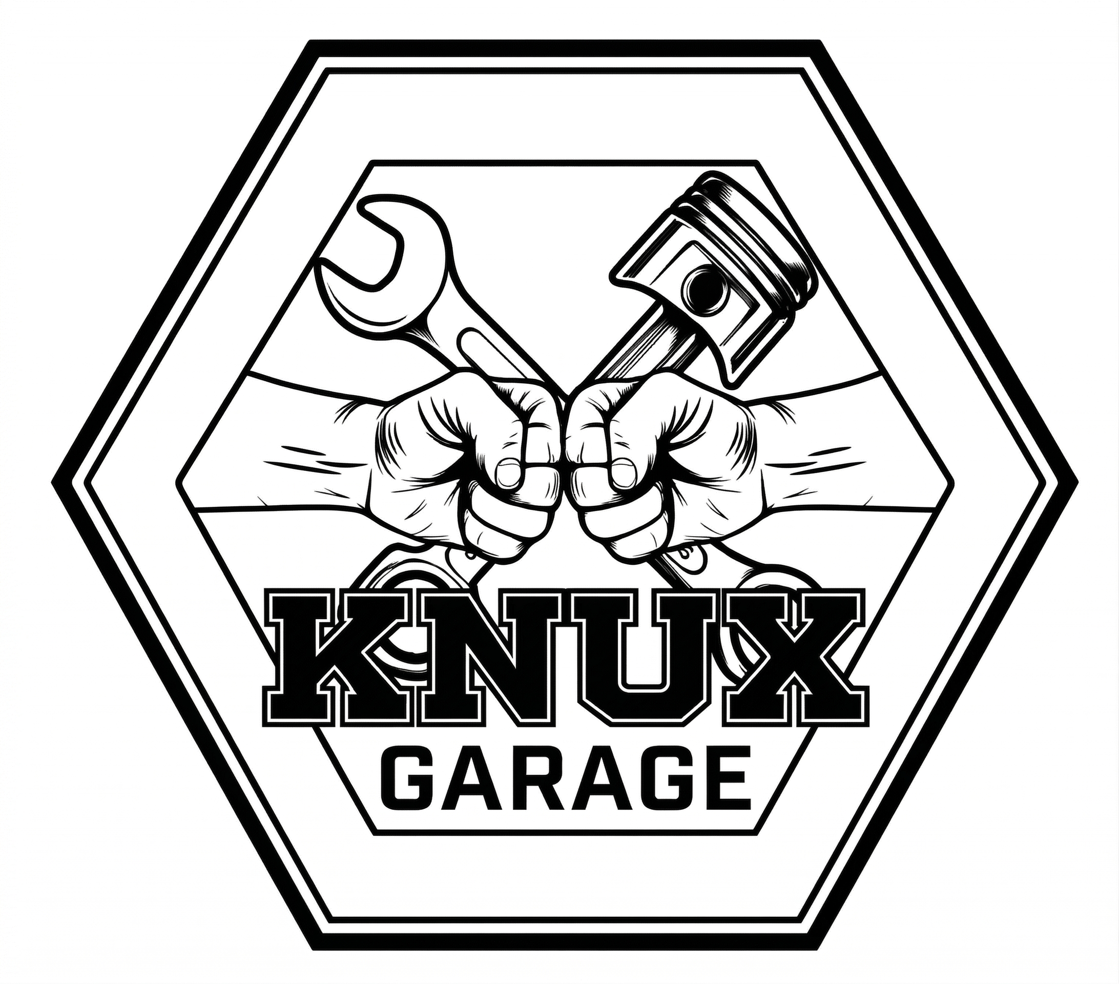 A black and white logo with a hexagonal shape featuring a pair of hands gripping a wrench and a piston, with the text 'KNUX GARAGE' below.