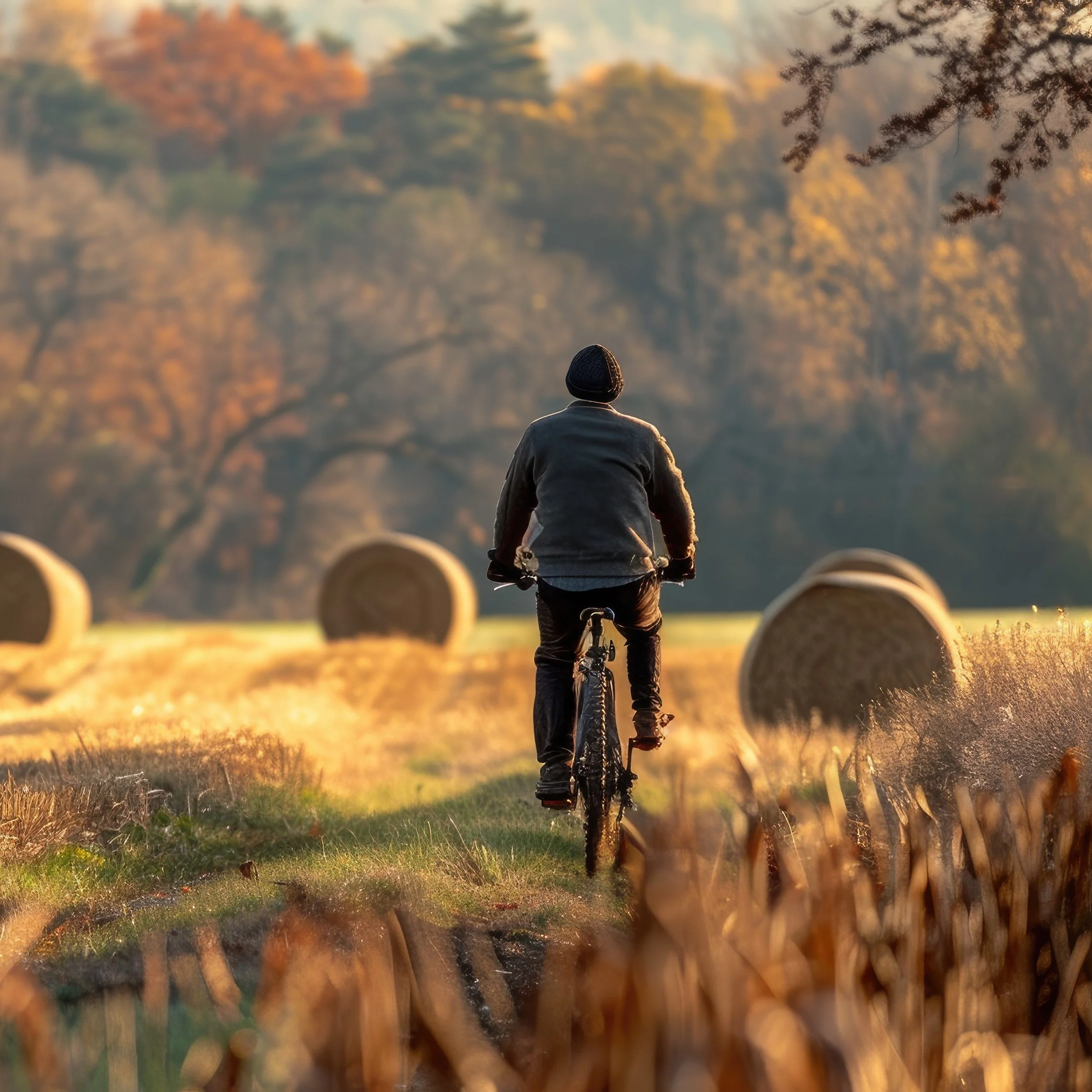 A person riding a bicycle on a rural path surrounded by hay bales and tall grass during sunset in autumn.