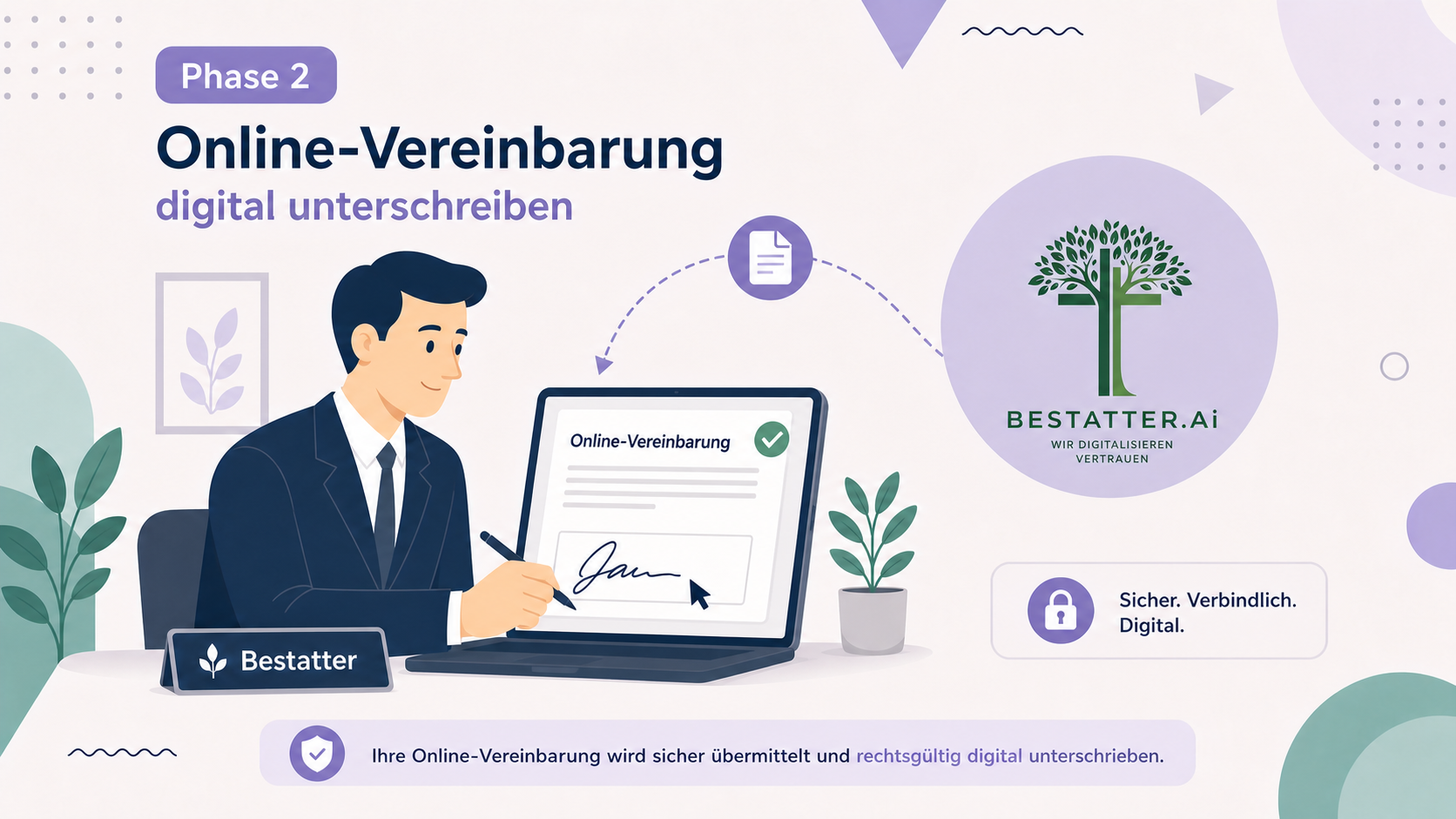 Grafik einer Online-Vereinbarung zum digitalen Unterschreiben, mit einem Mann im Anzug, der auf einem Laptop unterschreibt, umgeben von Pflanzen und Symbolen für Sicherheit und Digitalisierung