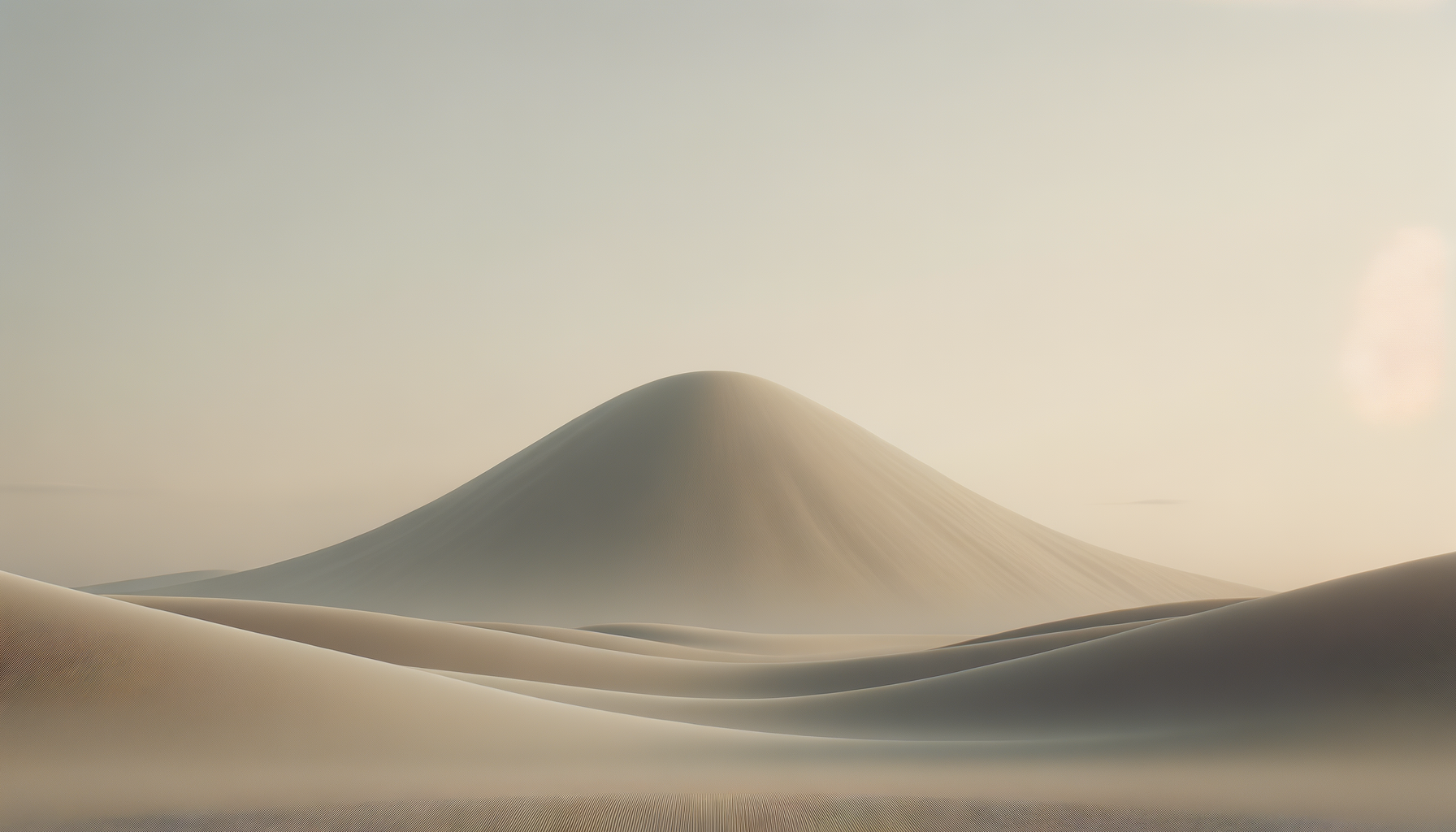 A sandy desert with rolling dunes and a large mountain or sandhill in the distance under a pale, hazy sky.
