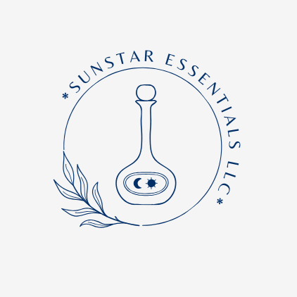 Logo for Sunstar Essentials LLC featuring a round-bottom flask with a crescent moon and stars inside, surrounded by a circular border and a branch with leaves.
