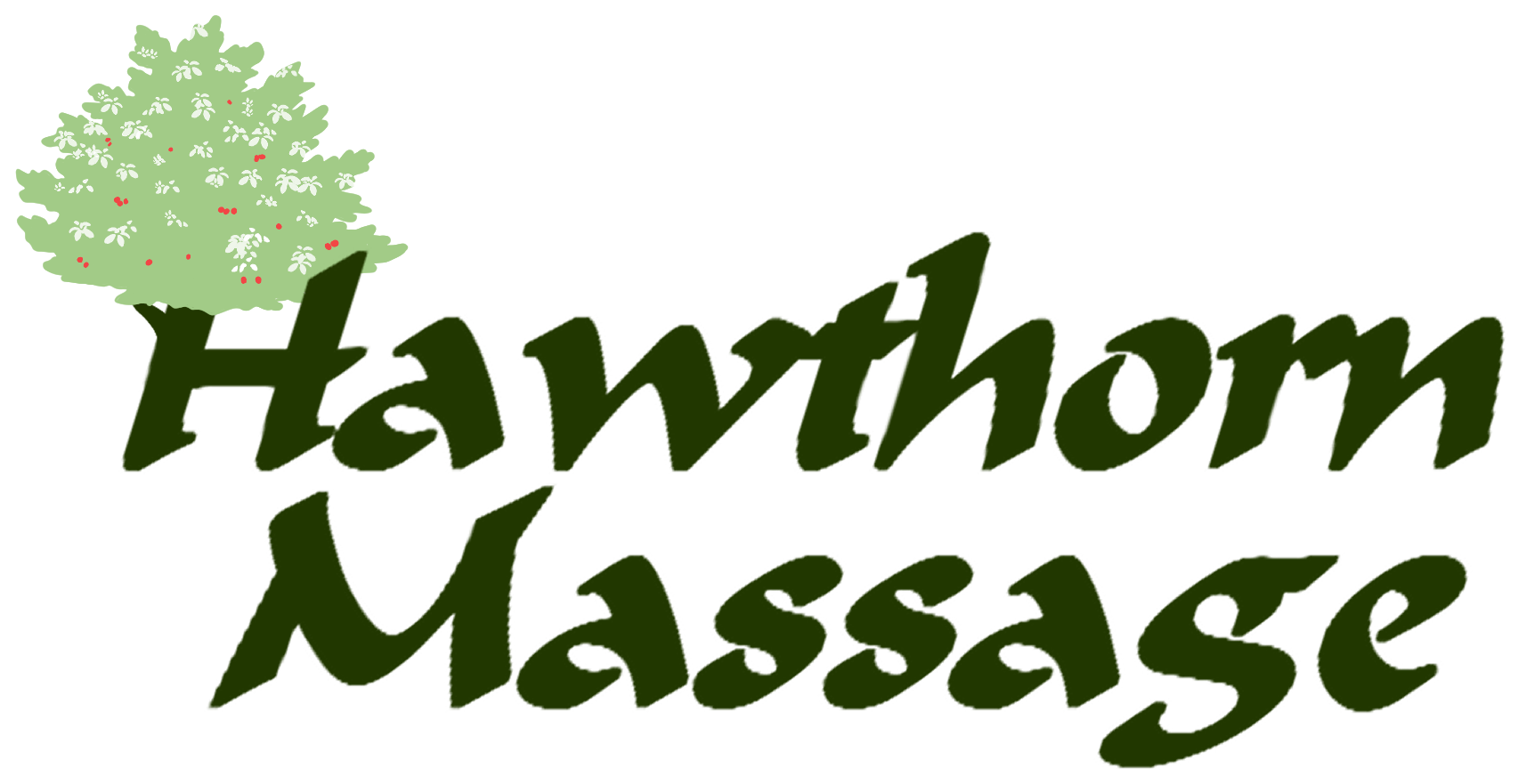 Logo for Hawthorn Massage featuring a green hawthorn tree with red berries and the words "Hawthorn Massage" in bold, green, cursive font.