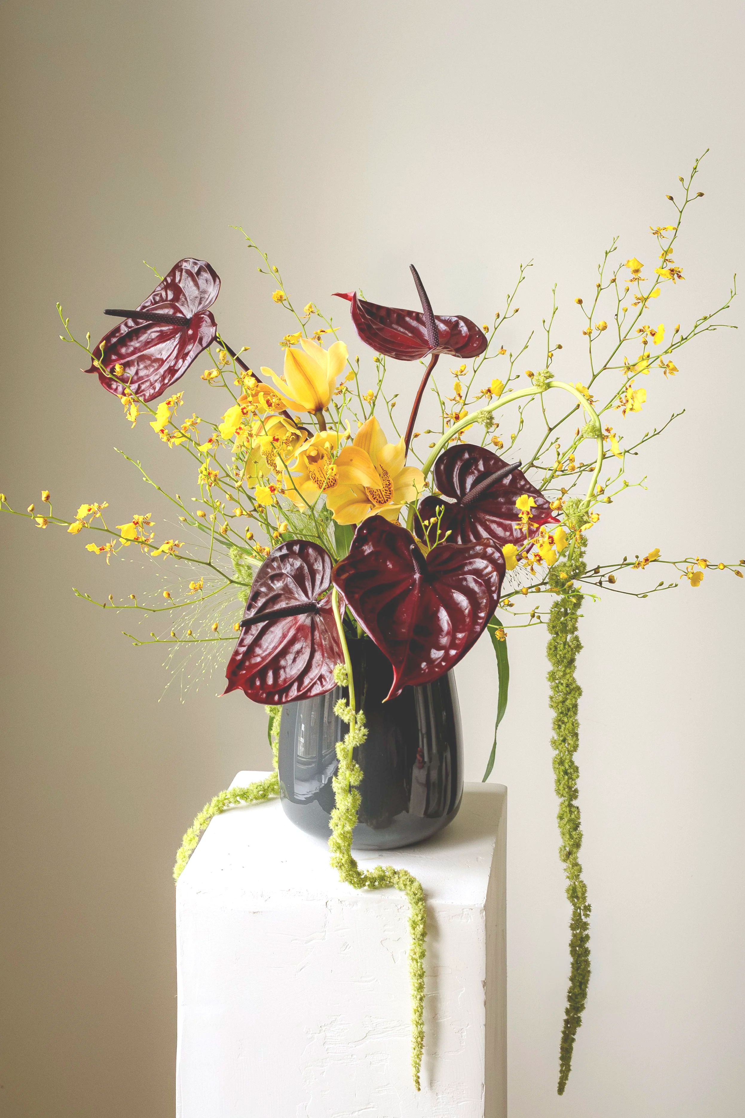 A floral arrangement in a black vase placed on a white pedestal. The arrangement includes yellow orchids, dark red anthuriums, and green trailing moss or foliage. The background is plain and neutral.