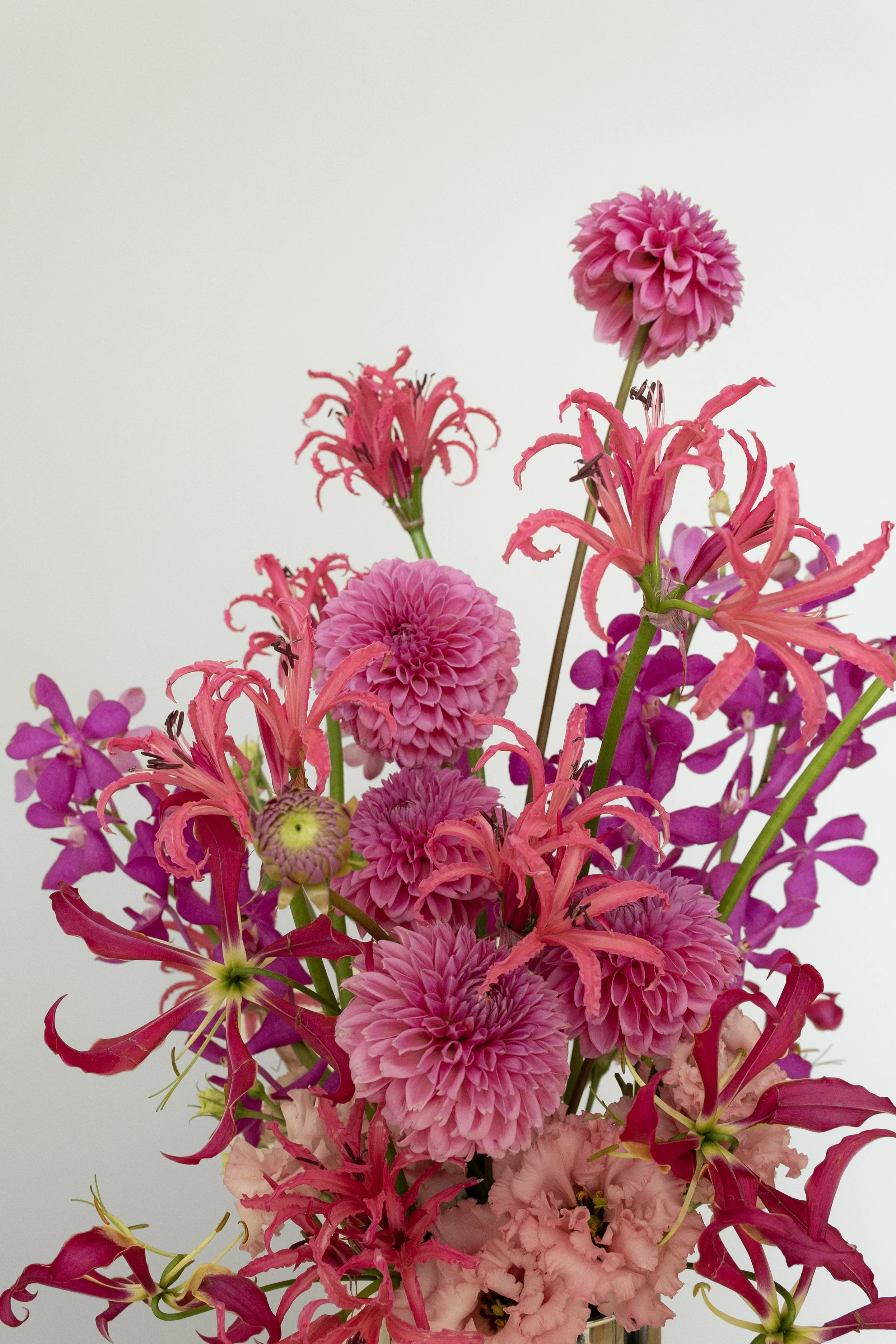 A bouquet of pink and purple flowers including dahlias, lilies, and other blooms arranged against a plain white background.
