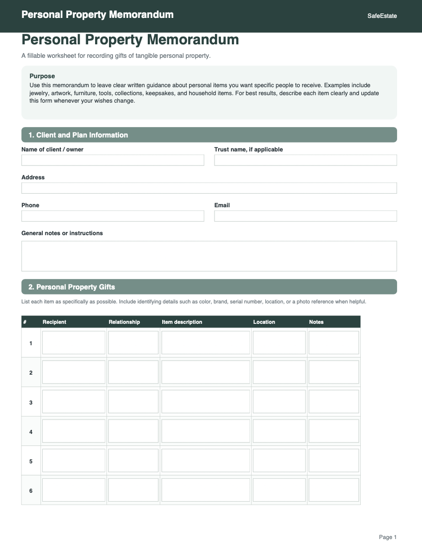 Personal Property List