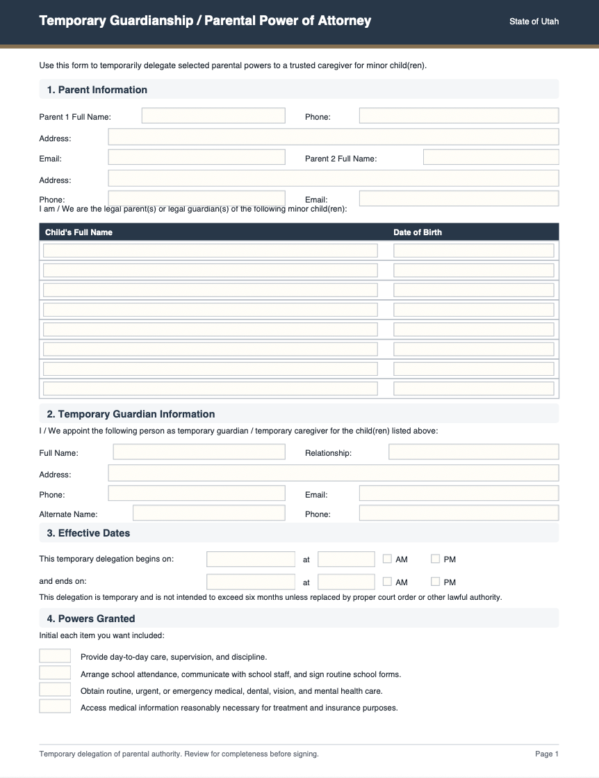 Temporary Guardianship for Minor Children/Parental Power of Attorney Form