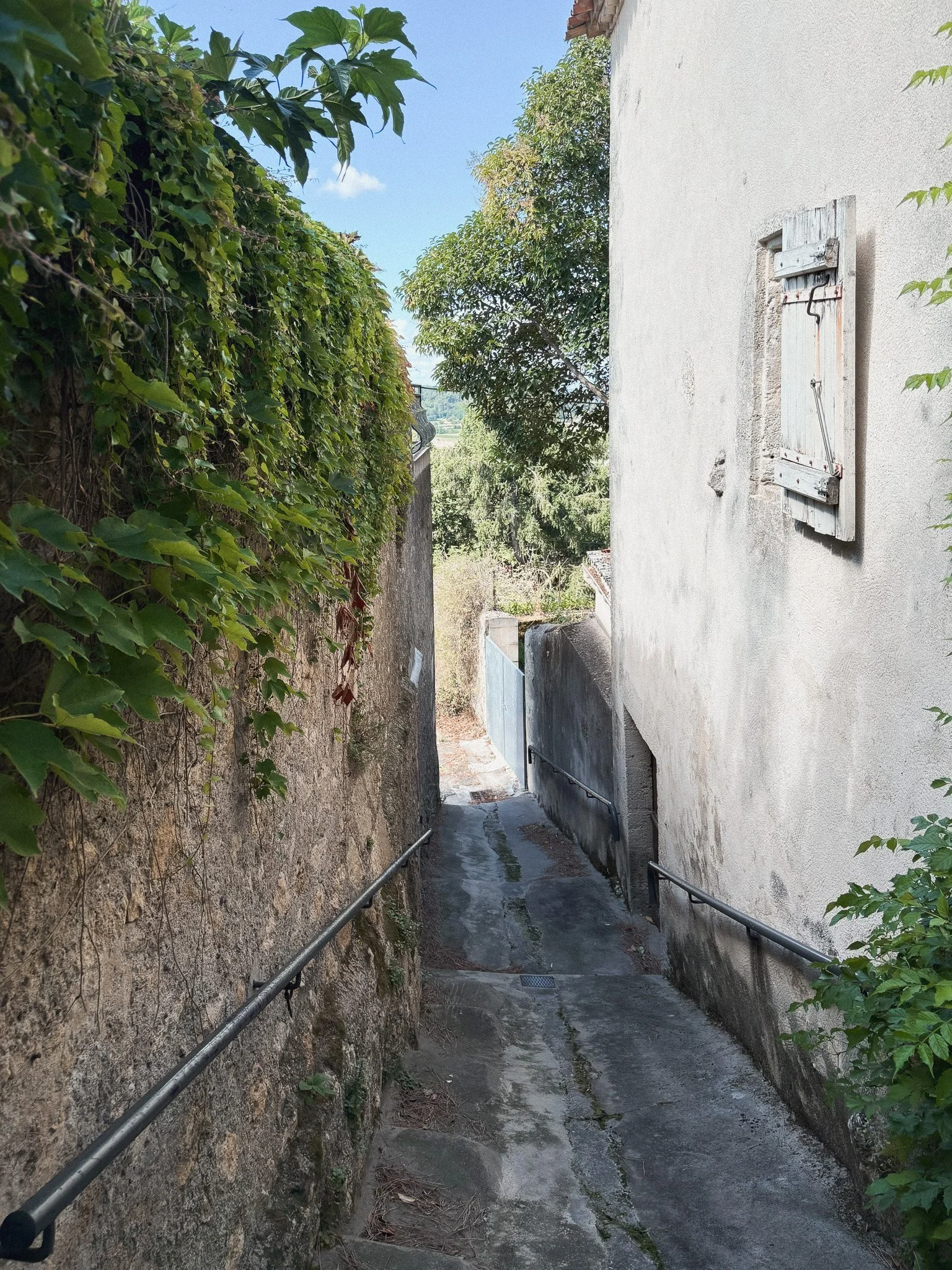 A narrow, sloped alleyway between two buildings, with a stone wall on the left covered in green foliage, and a plain white wall on the right with a small window shutter. The alley is paved with concrete and has handrails on both sides.