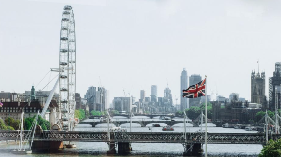 London skyline with the London Eye, a bridge over the Thames River, and the Union Jack flag flying.