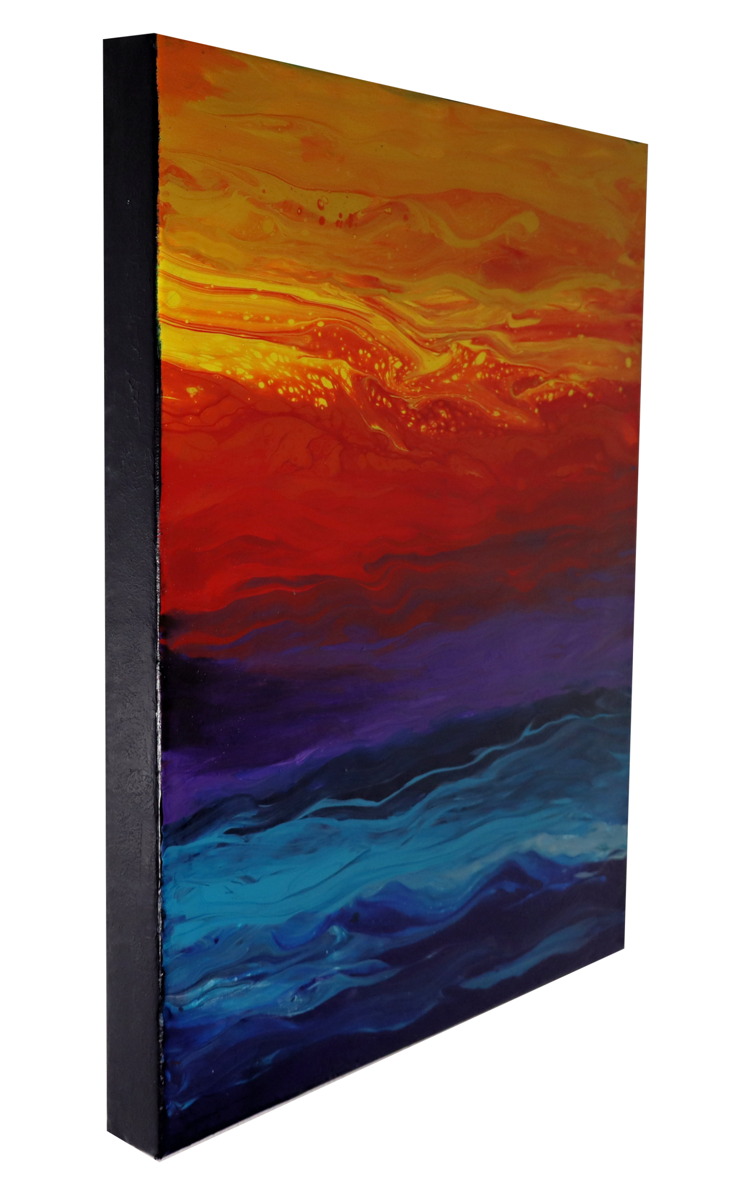 A colorful abstract painting with vibrant swirls of yellow, orange, red, purple, and blue hues.