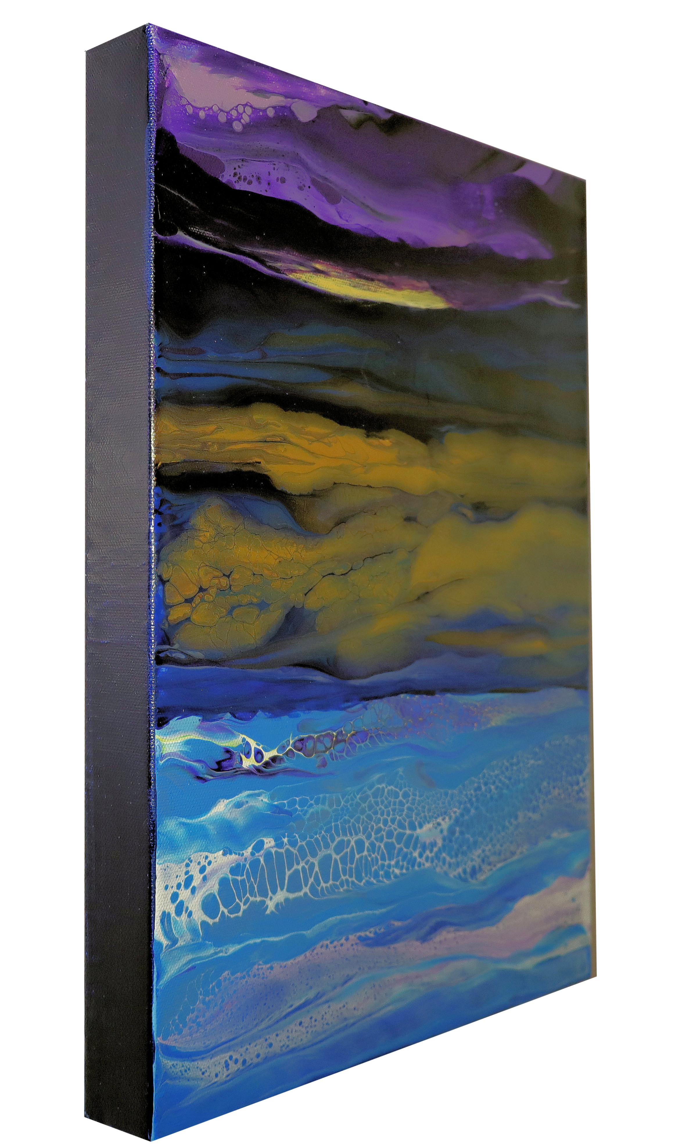 A colorful abstract painting with swirling purple, black, yellow, and blue hues on a rectangular canvas.