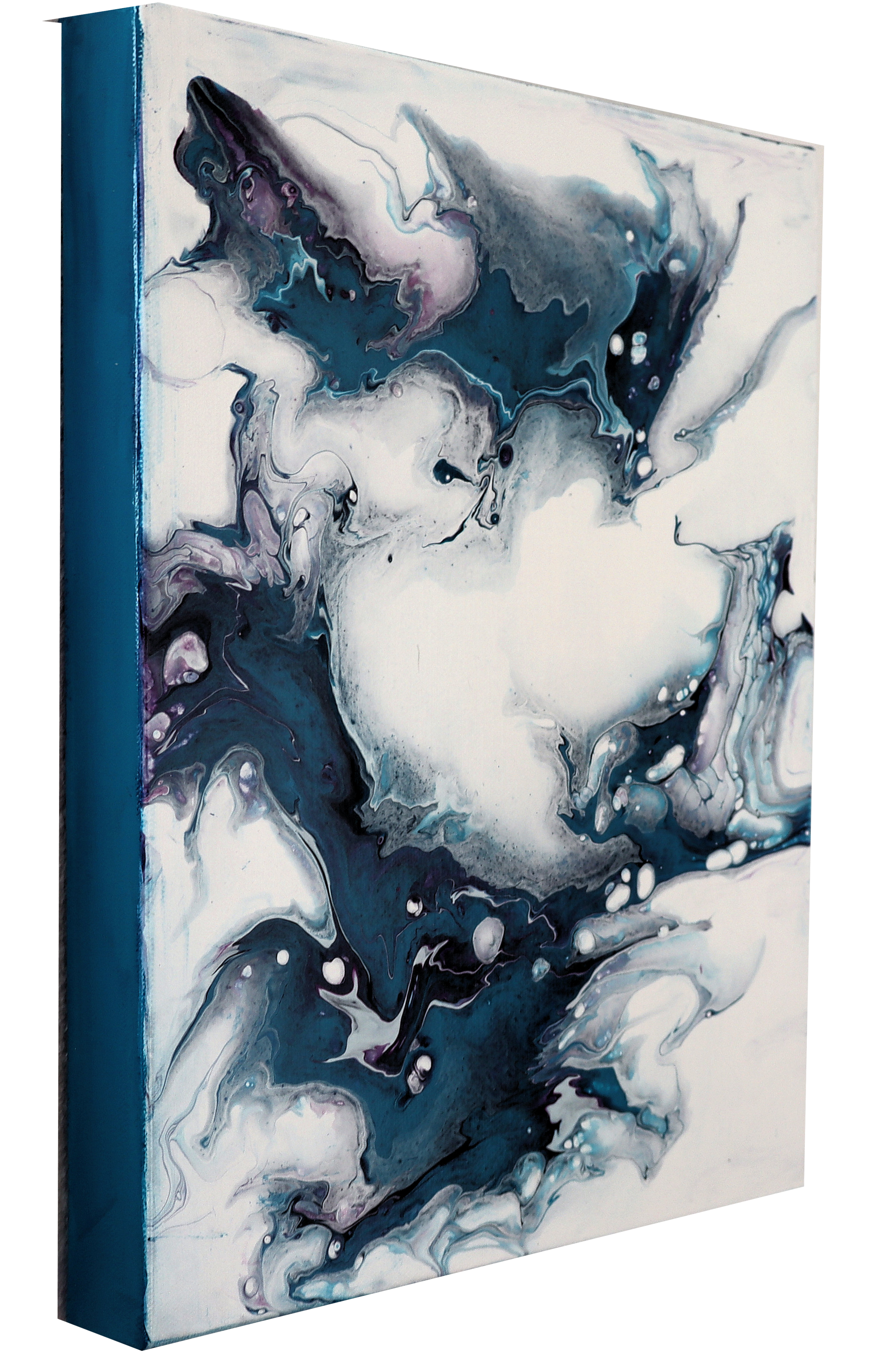 Abstract painting with flowing swirls of blue, gray, white, and hints of purple, creating a fluid, marbled effect.