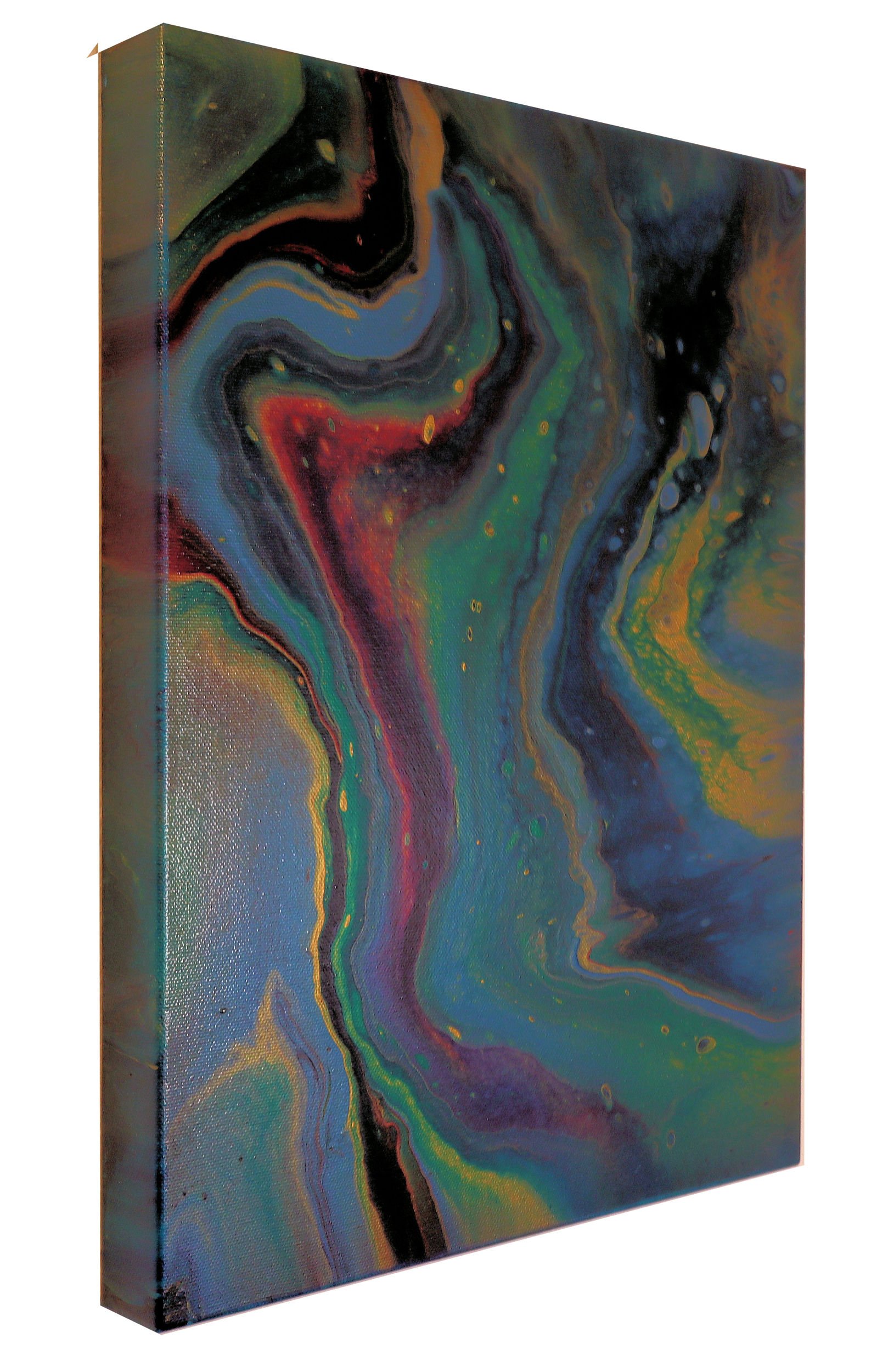 A colorful abstract painting with swirling patterns of green, blue, red, black, and yellow, on a rectangular canvas.