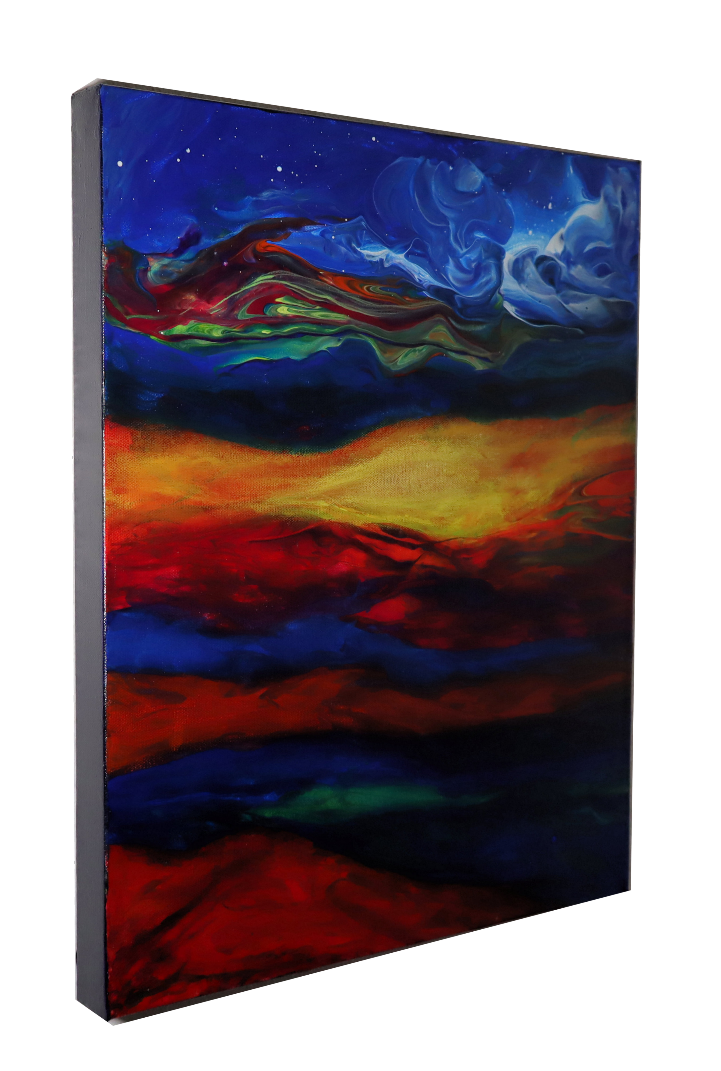 An abstract painting with swirling colors of blue, red, yellow, green, and black, resembling a landscape under a starry sky.