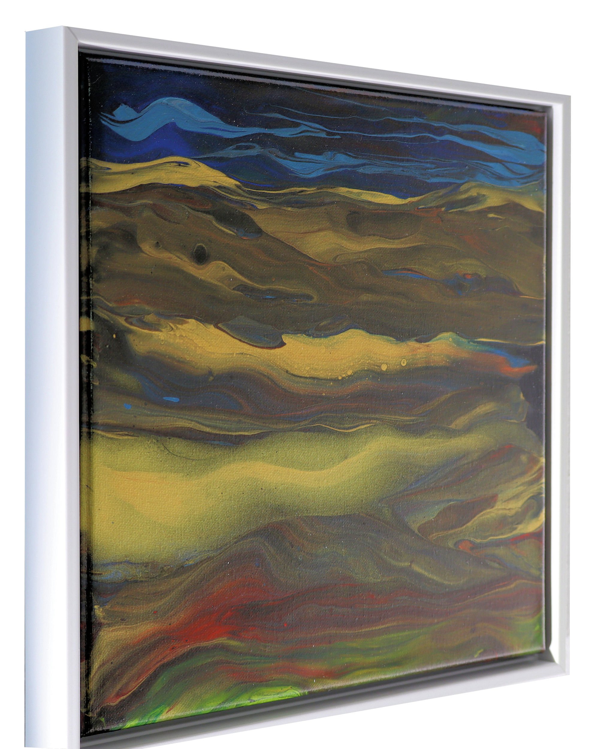 Abstract landscape painting with layered colors in a silver frame