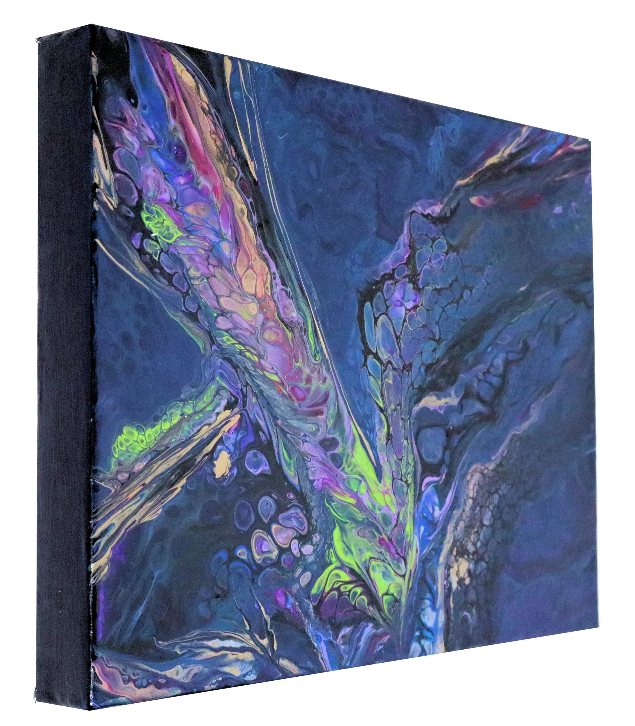 A colorful abstract painting on a canvas with swirling purples, blues, greens, and hints of yellow and black.