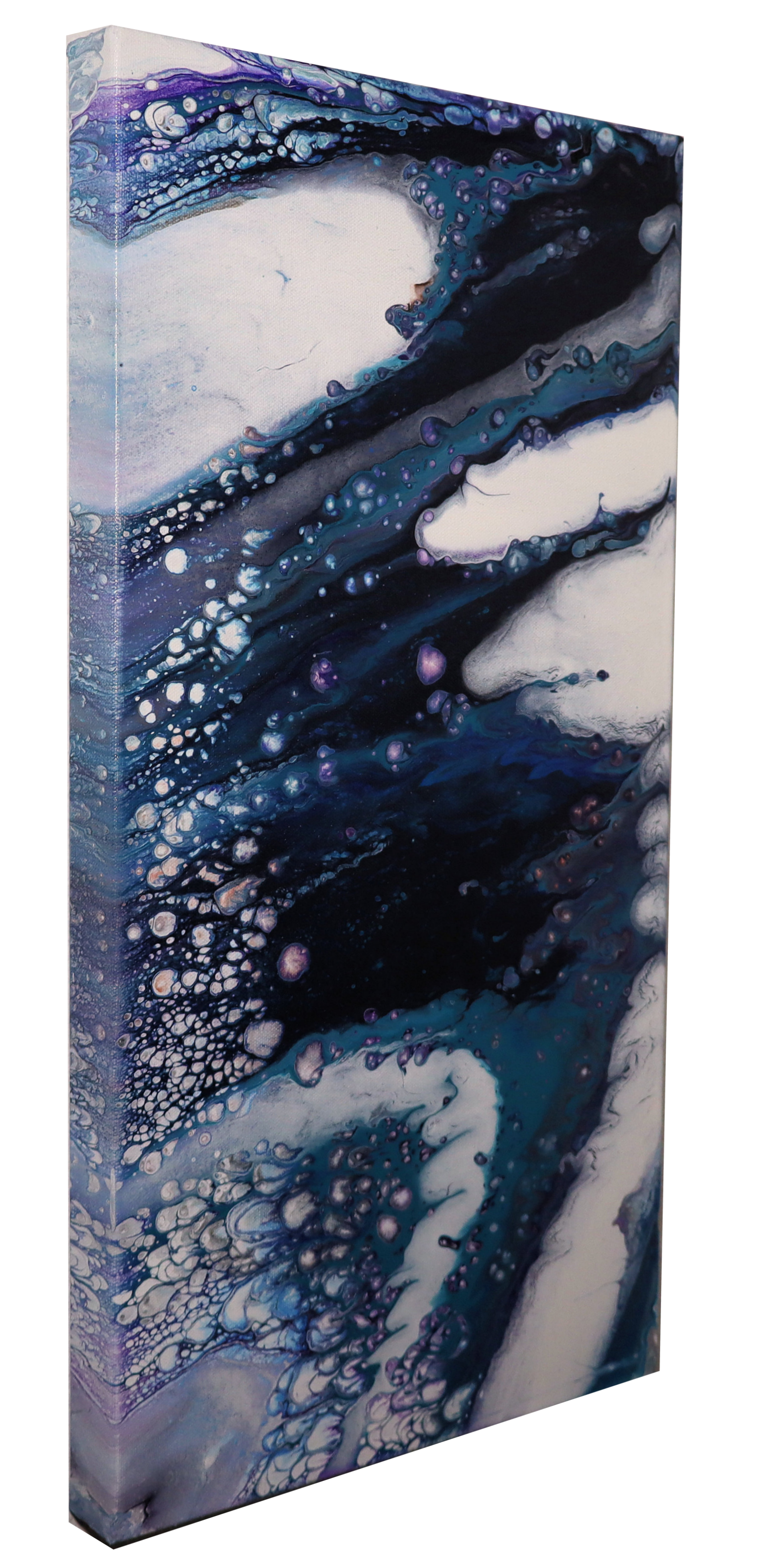 Abstract painting with swirling patterns of blue, white, and purple colors creating a dynamic, flowing design.