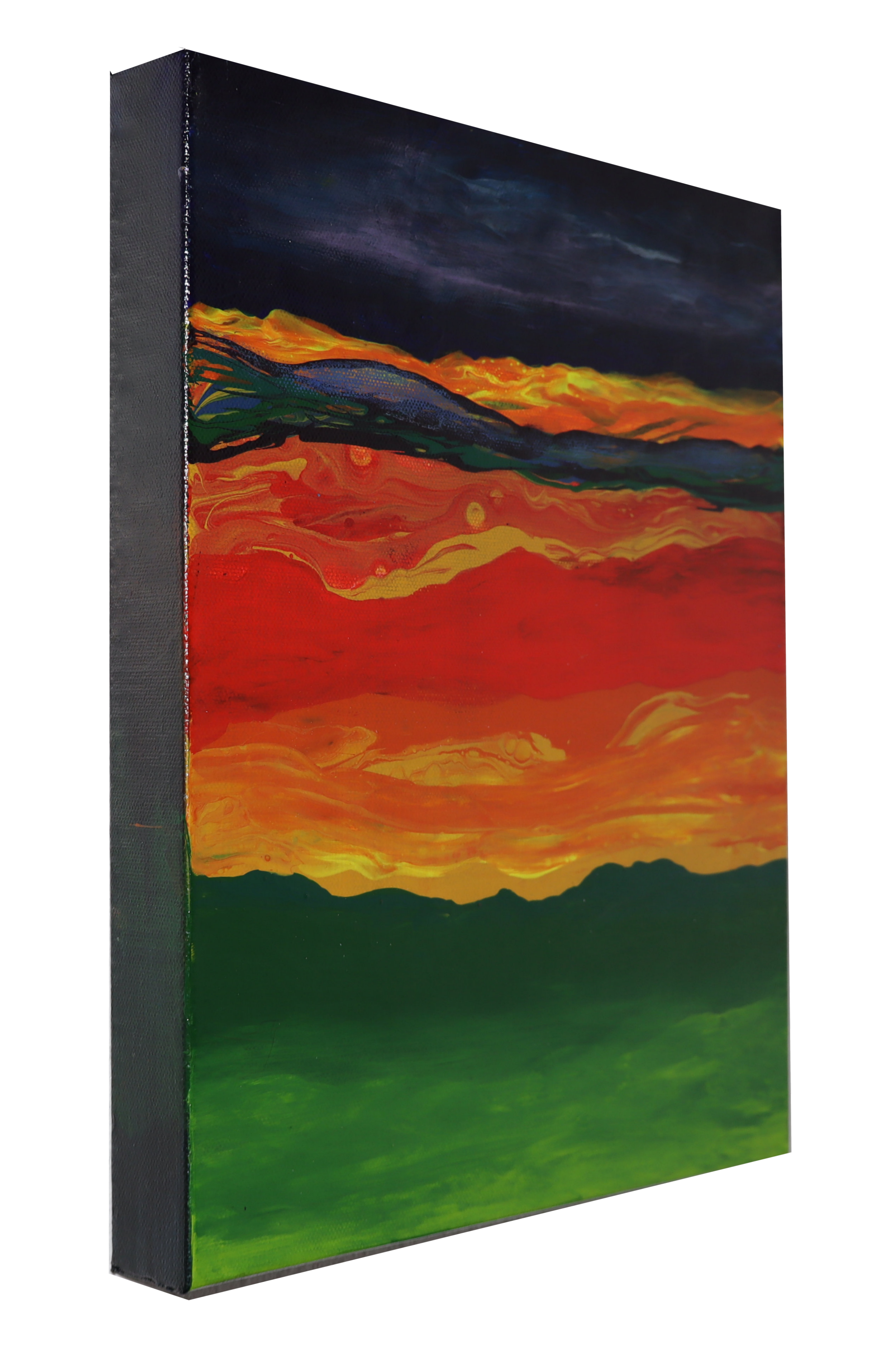 A colorful landscape painting on a canvas depicting a sunset with vibrant orange, yellow, red, green, and blue hues, with mountains in the background and a dark sky overhead.
